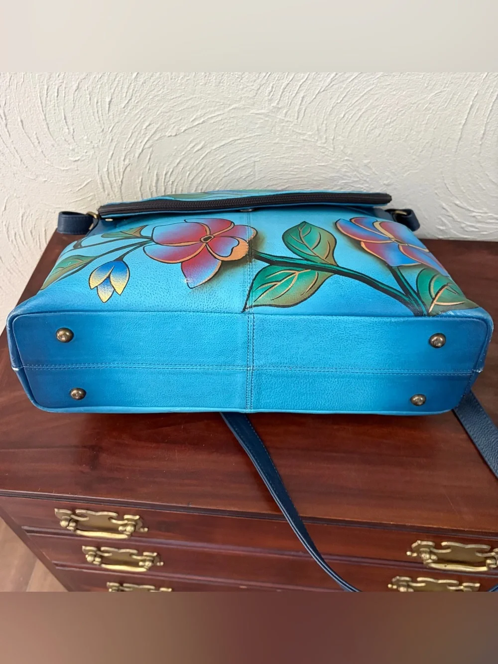 Anna by Anuschka Hand-painted Leather Blue Bird Crossbody Shoulder Bag Large - Picture 5 of 9